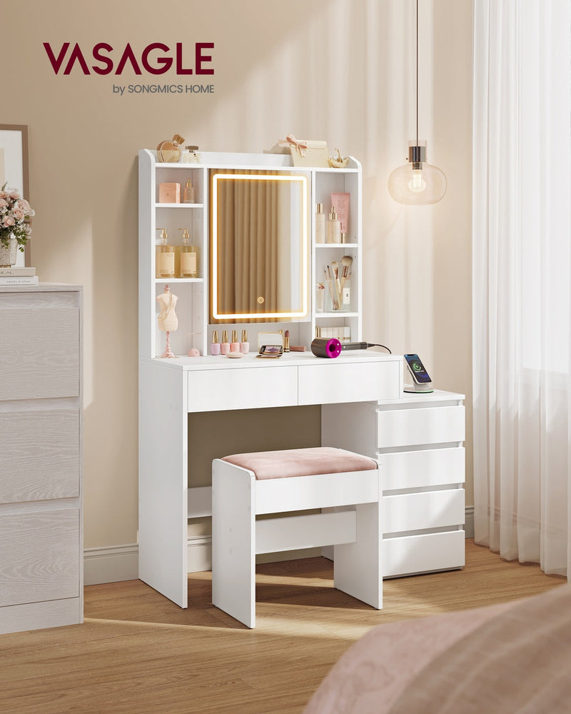 Kailyn dressing table styled in a bedroom, with a stool shown for scale only and not included