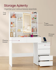 Storage diagram labelling the dressing table's top shelf, drawers, open compartments and 4-drawer side cabinet