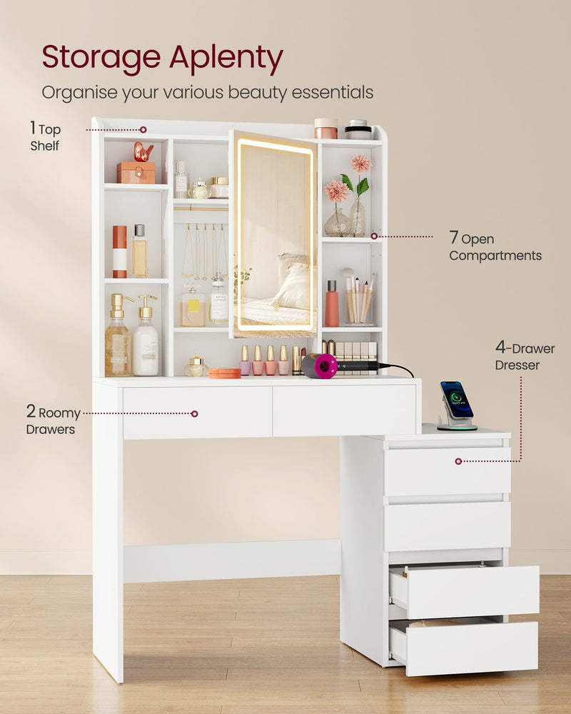 Storage diagram labelling the dressing table's top shelf, drawers, open compartments and 4-drawer side cabinet