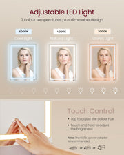 Diagram showing the LED mirror's 3 colour temperatures and touch dimming control