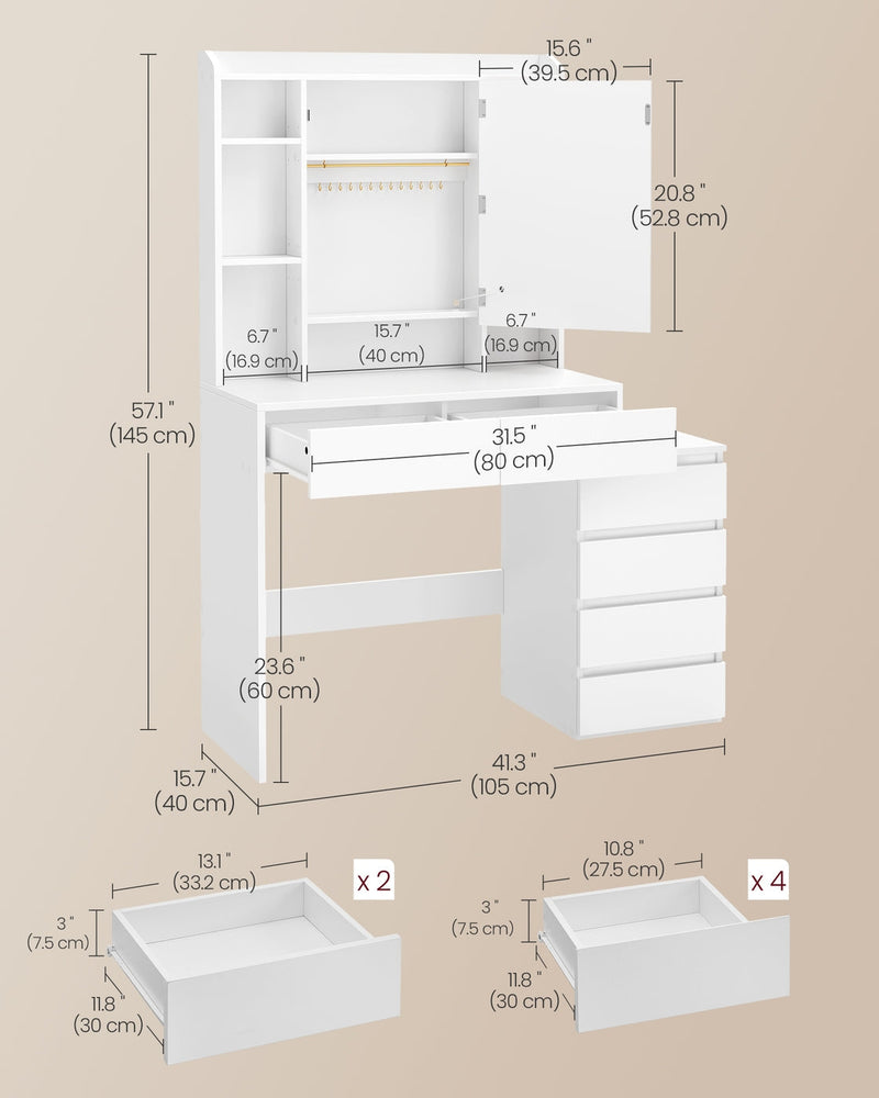 Dimension diagram showing the dressing table's overall size and inner drawer measurements