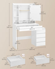 Dimension diagram showing the dressing table's overall 105 x 40 x 145 cm size and drawer measurements