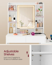 Close-up of the adjustable shelves and hinged storage door with hanging jewellery rail