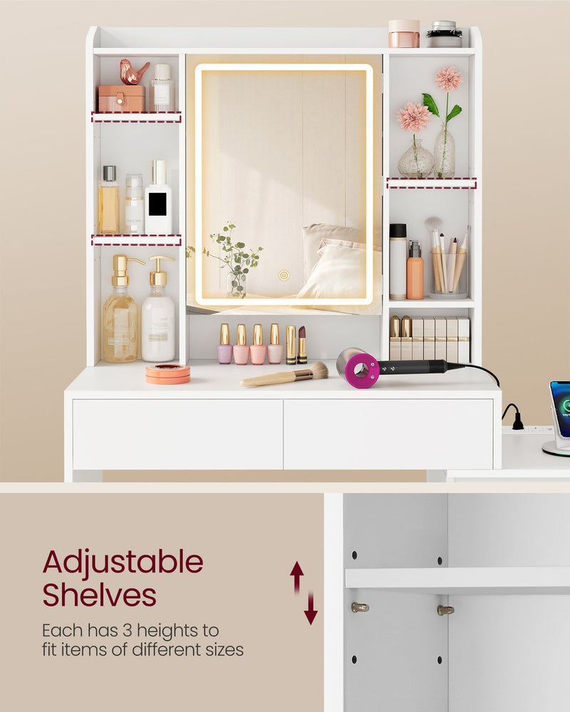 Close-up of the adjustable shelves and hinged storage door with hanging jewellery rail