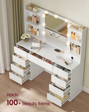 Dressing table shown fully stocked with over 100 beauty items across its drawers and shelves