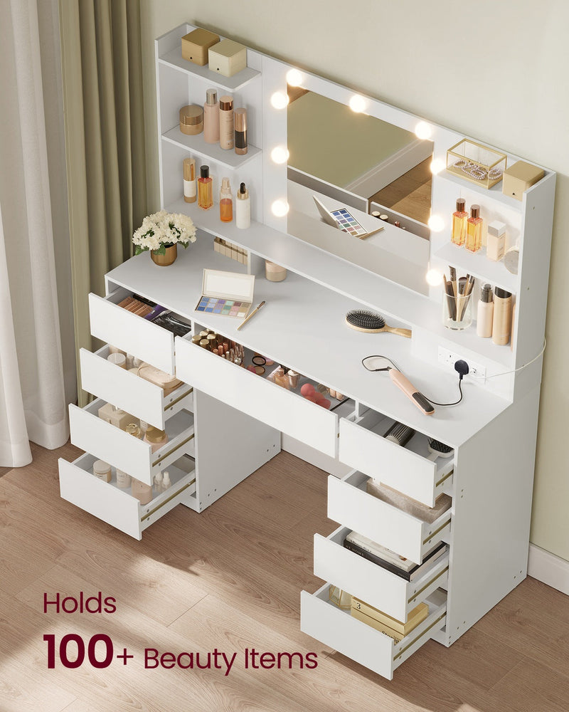 Dressing table shown fully stocked with over 100 beauty items across its drawers and shelves