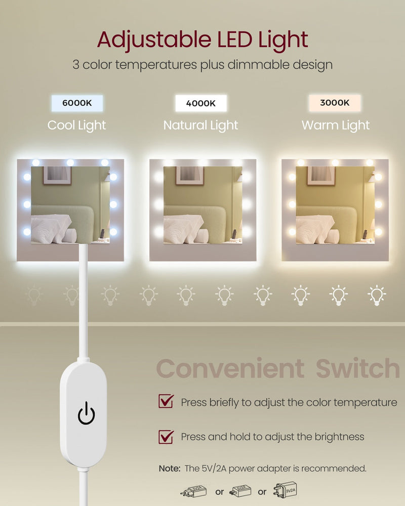 Diagram showing the LED mirror's 3 adjustable colour temperatures and dimmable switch