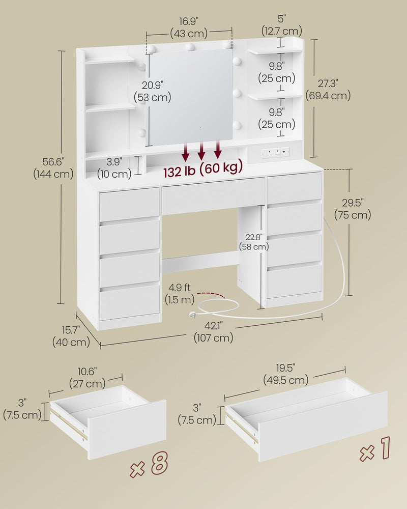 Dimension diagram showing the dressing table at 144 cm high, 107 cm wide and 40 cm deep with drawer sizes