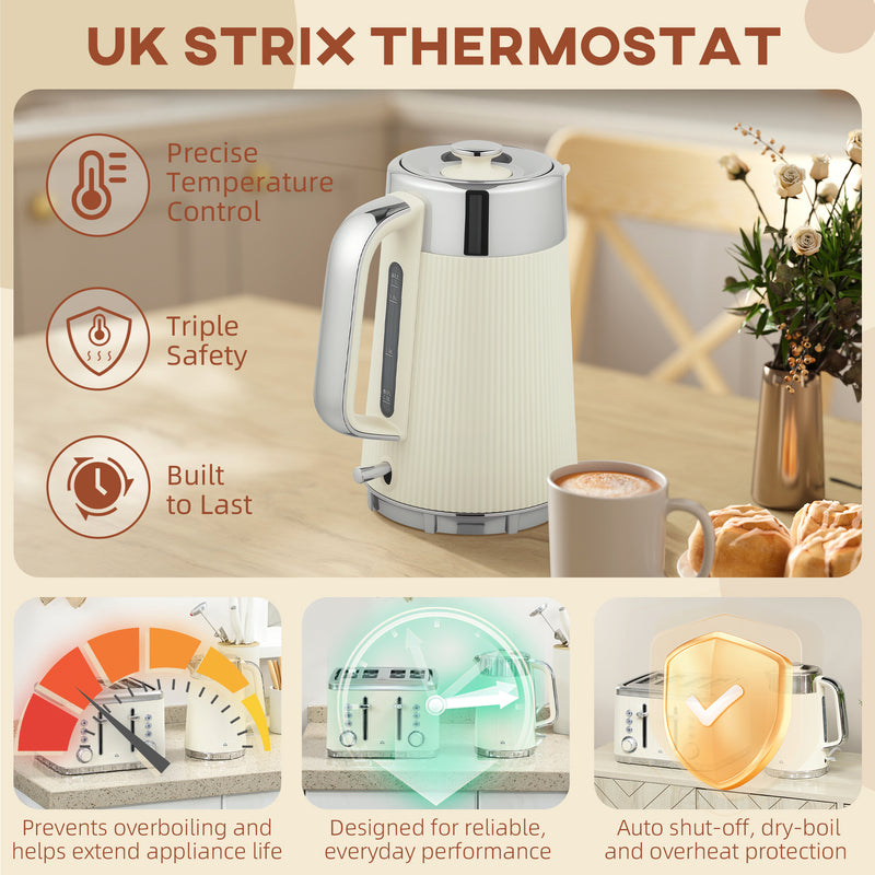 Electric Kettle and 4 Slice Toaster Set with Rapid Boil and Browning Control Cream