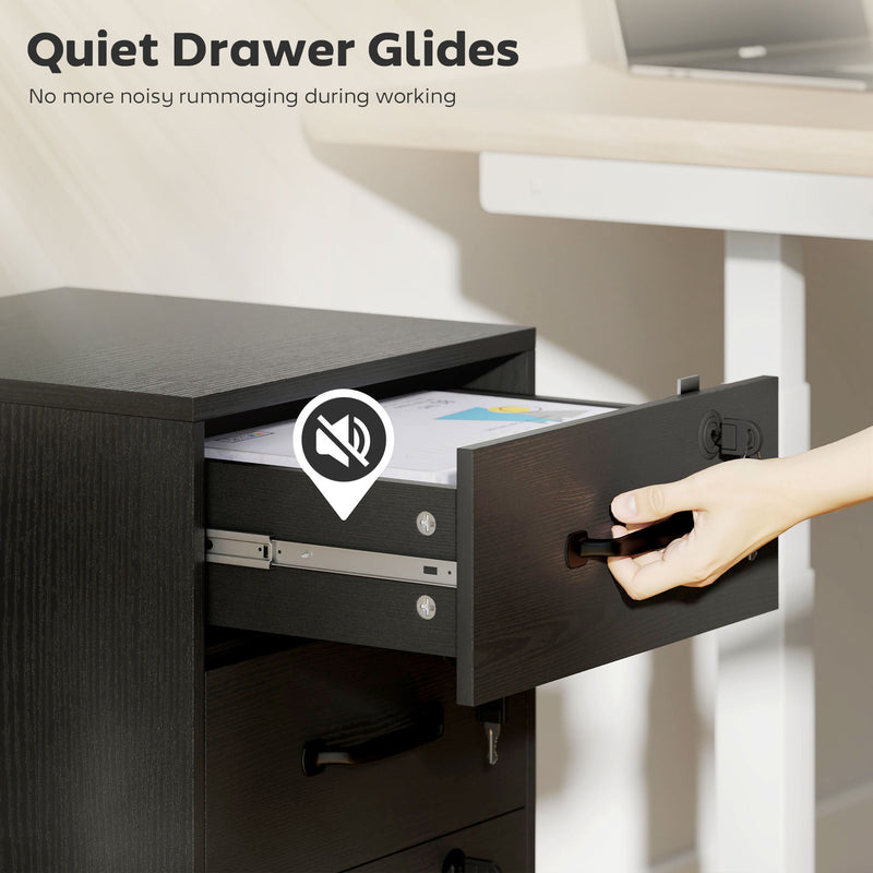 Black 3 Drawer Wood Effect Filing Cabinet With Smooth Rollers For Home Office Use