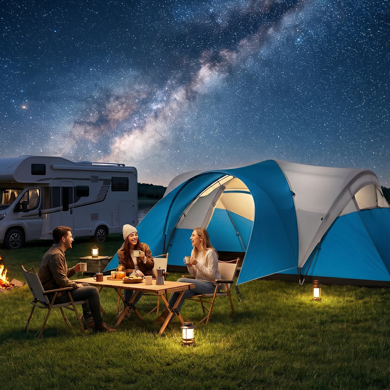 Outsunny 3000mm Waterproof Camping Tent for 5-6 Man, Family Tent with Porch and Sewn in Groundsheet, Portable with Bag, Blue