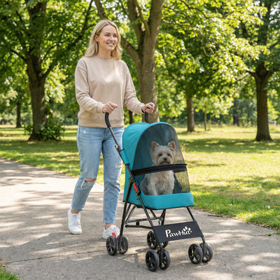 Pet Stroller for Small Dogs or Cats with Foldable Frame and Canopy Dark Green AOSOM