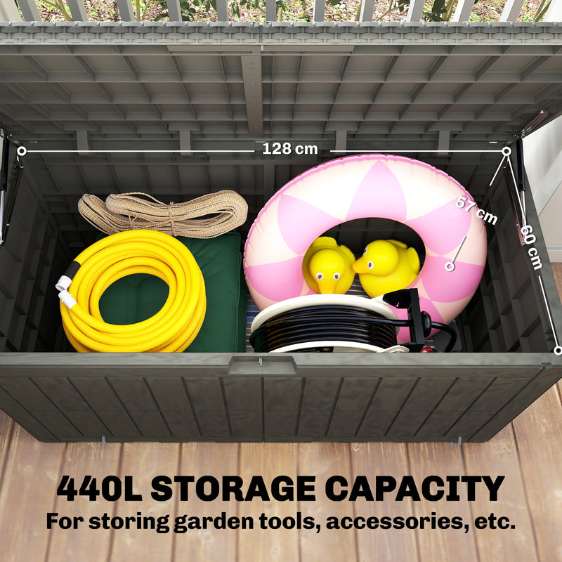 440L Waterproof Plastic Garden Storage Box With Bench Seat For Garden Tools & Cushions Wood Effect Coffee