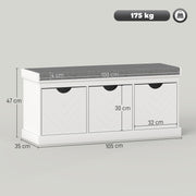 Shoe Storage Bench with Padded Seat and Three Drawers for Hallway Entryway White