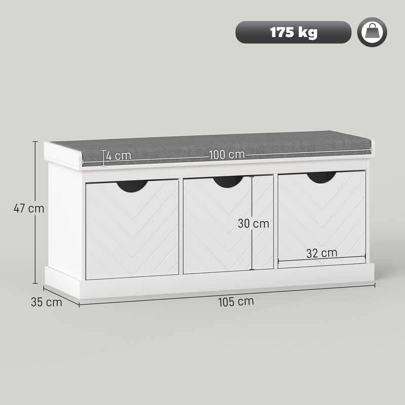 Shoe Storage Bench with Padded Seat and Three Drawers for Hallway Entryway White