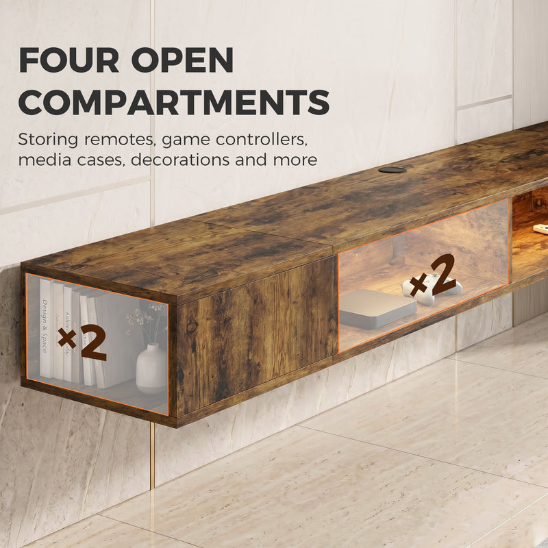 Floating Wall Mounted TV Unit with LED Lights, Storage, Cable Management for Tidy Living Room, Rustic Brown