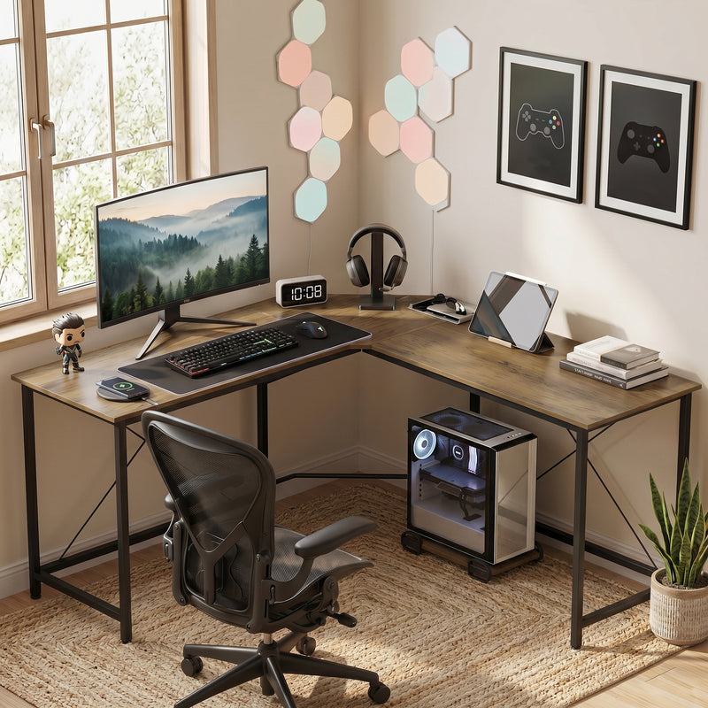 L Shaped Corner Desk for Home Office with Spacious Worktops and Movable Shelf Black Grey