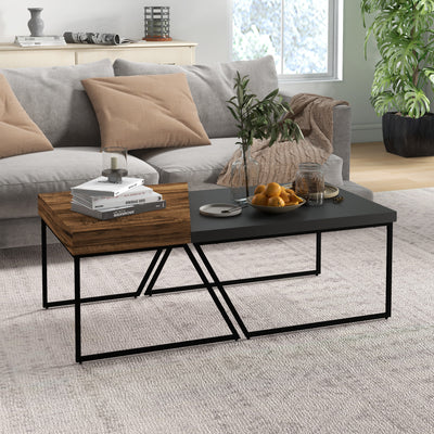 Industrial Nesting Coffee Table Set of 2 With Thick Tabletop For Living Room Use Rustic Brown