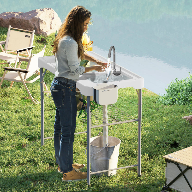 Folding Outdoor Fish Cleaning Table with Dual Sinks and Storage for Camping White