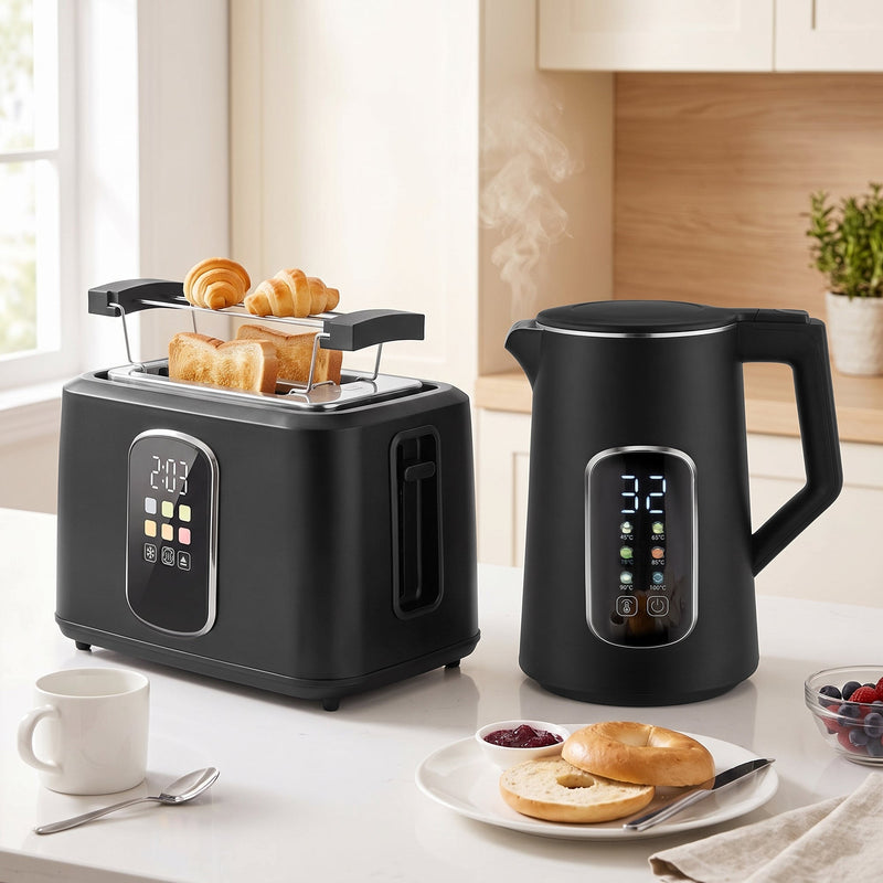 Toaster with warming rack holding croissants above slots of toast, kettle steaming alongside