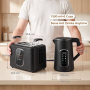 Dimension diagram showing the kettle and toaster set sizes next to a person for scale