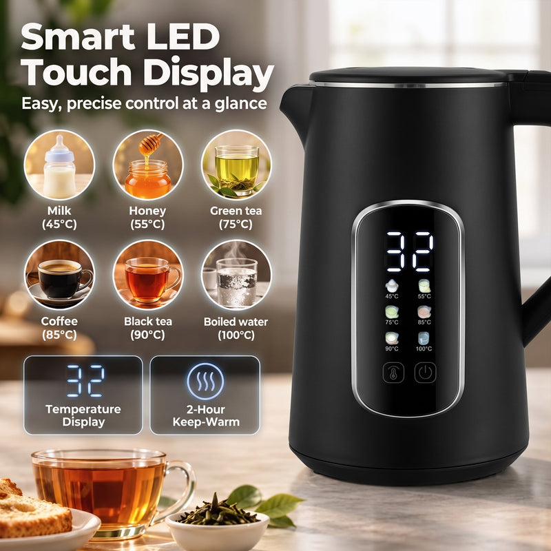 Close-up of the kettle's LED touch display and temperature presets