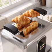 Close-up of croissants on the toaster warming rack