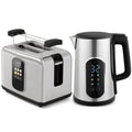 Silver kettle and 2 slice toaster set with black handles on a white background