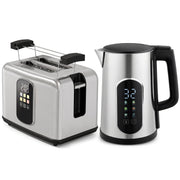 Silver kettle and 2 slice toaster set with black handles on a white background
