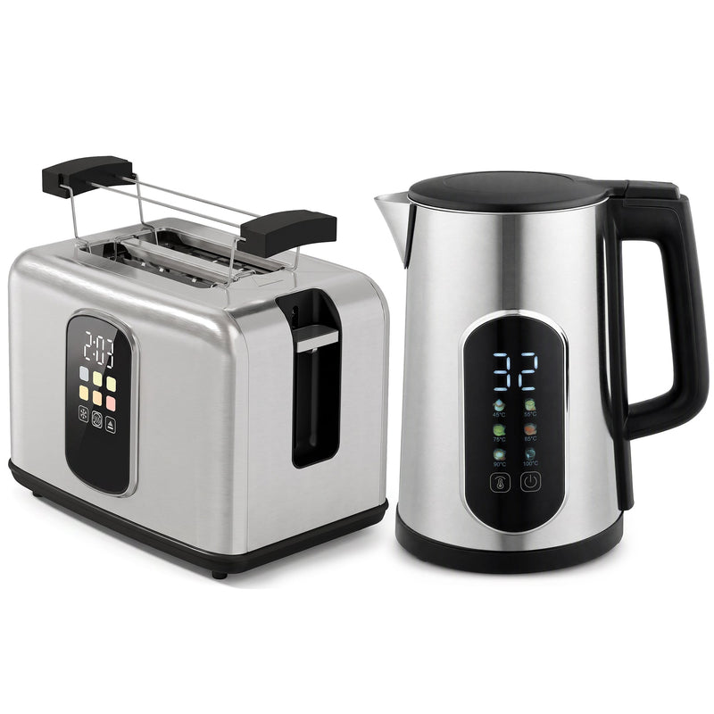 Silver kettle and 2 slice toaster set with black handles on a white background