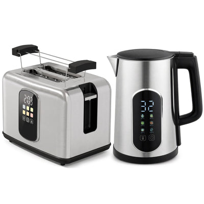 Silver kettle and 2 slice toaster set with black handles on a white background