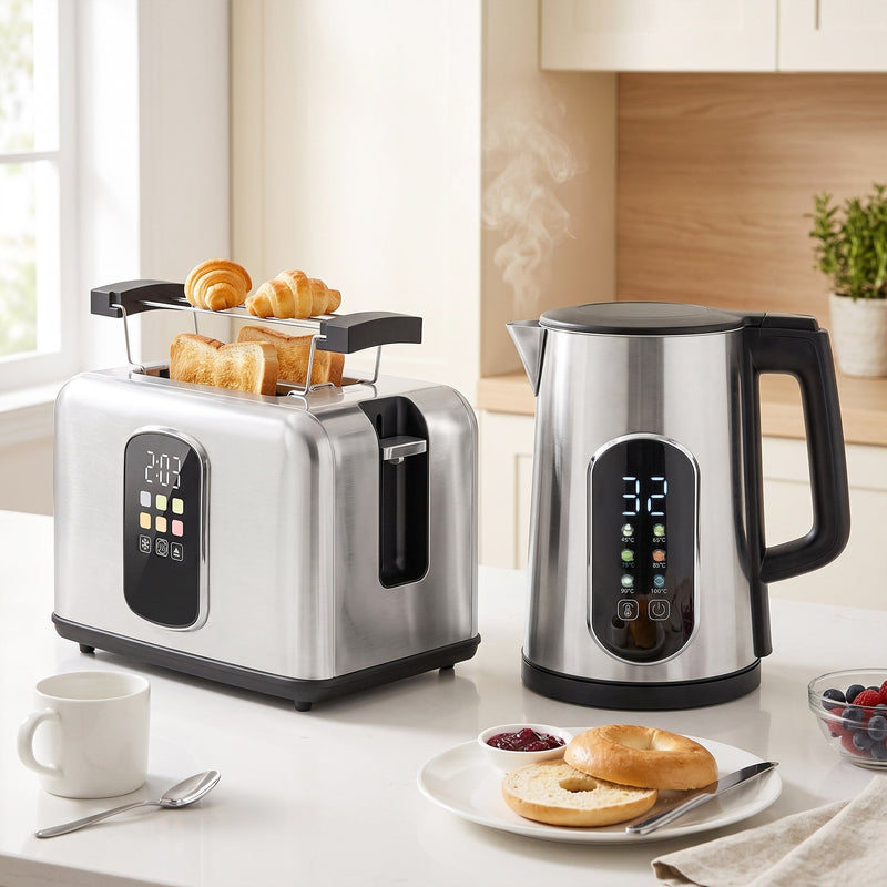 Silver kettle and toaster on a kitchen counter with croissants, a bagel and a plate of jam