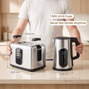Dimensions diagram showing the kettle at 22.1 by 15.8 by 24.1 cm and the toaster at 25.3 by 17.8 by 18.9 cm