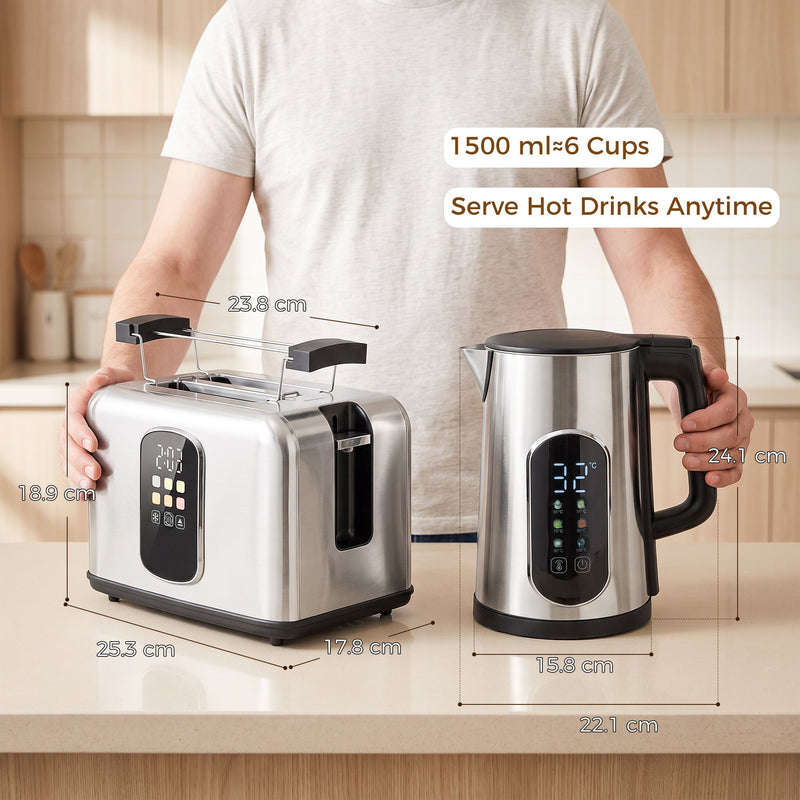 Dimensions diagram showing the kettle at 22.1 by 15.8 by 24.1 cm and the toaster at 25.3 by 17.8 by 18.9 cm