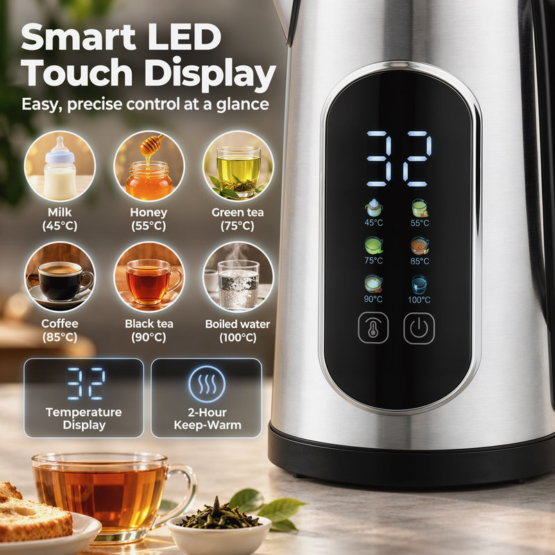 Close-up of the kettle LED touch display with drink temperature presets from 45 to 100 degrees