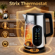 Infographic of the kettle Strix thermostat with boil-dry protection and auto shut-off