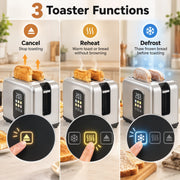 Infographic of the toaster cancel, reheat and defrost functions