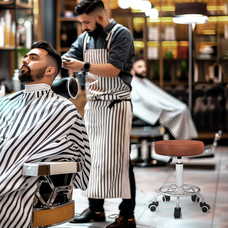 Height Adjustable PU Leather Rolling Stool With Wheels For Salon Or Spa Use Brown