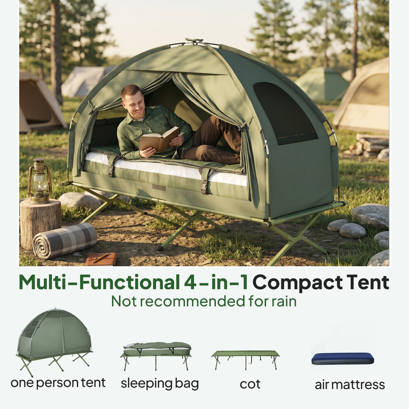 Outsunny 1 person Foldable Camping Tent w/Sleeping Bag Air Mattress Outdoor Hiking Picnic Bed cot w/Foot Pump