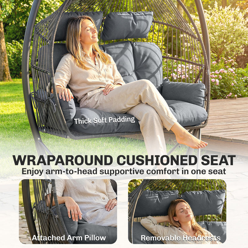 Double Hanging Egg Chair with Canopy & Cushions for Outdoor Relaxation - Patio or Garden Use - Grey