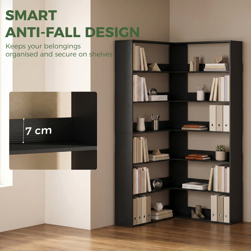 Tall Corner Bookcase with 7 Shelves for Space Saving Storage Black Wood Effect