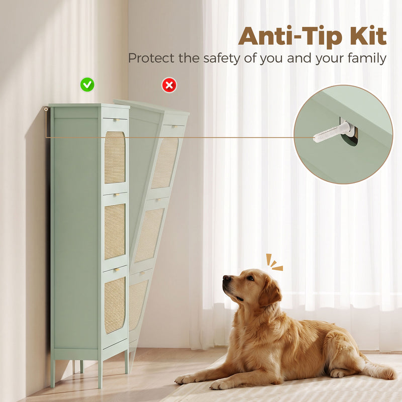 Slim Shoe Cabinet for Hallway Storage with 3 Flip Drawers and Adjustable Shelves Light Green