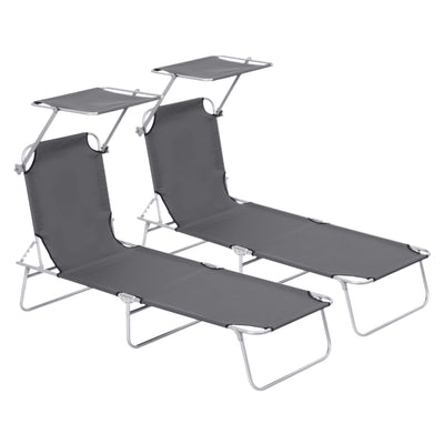 Dark Grey Foldable Sun Loungers Set of 2 with Adjustable Backrest and Shade for Garden AOSOM