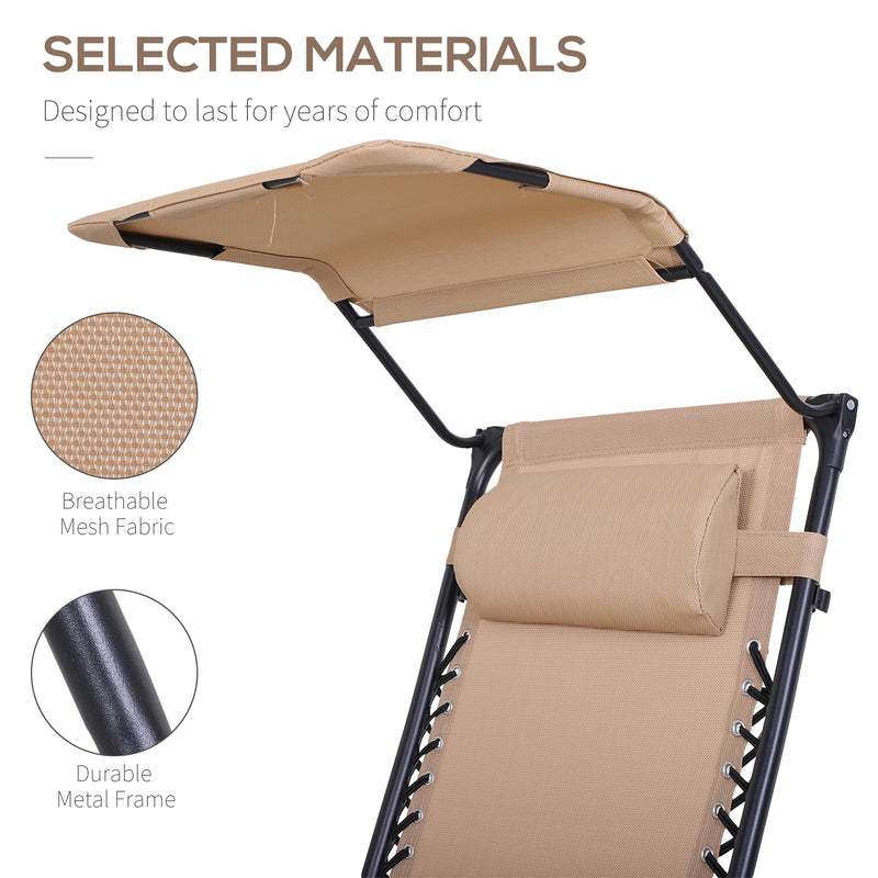 Beige Zero Gravity Garden Sun Lounger Set with Headrests Cup Holders and Canopy Shade