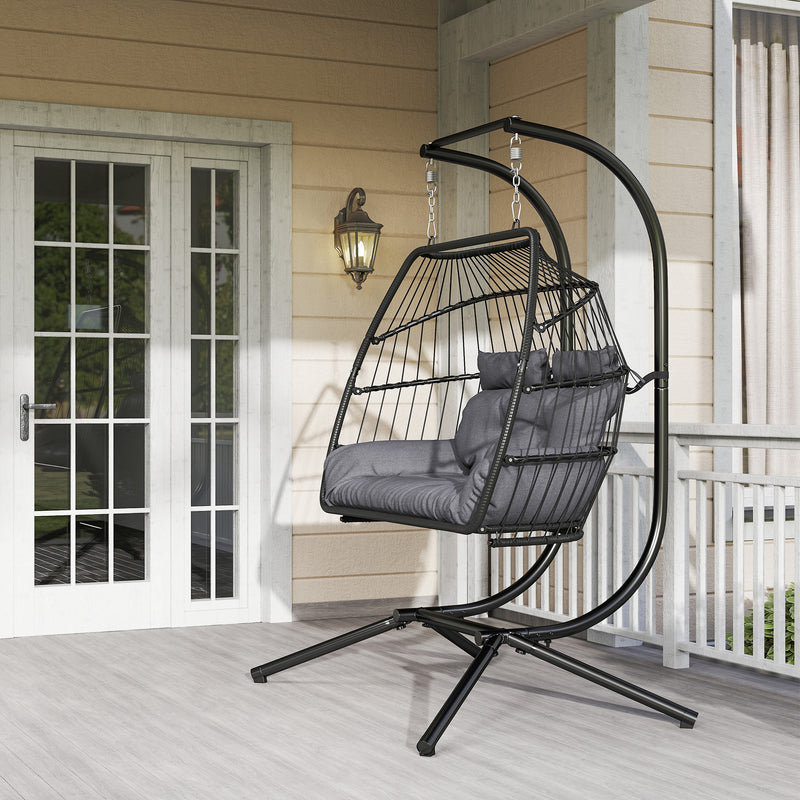 Dark Grey Rattan Double Hanging Egg Chair With Cushions And Stand For Garden by Outsunny