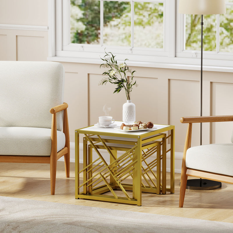Coffee Tables, Nesting Coffee Tables for Living Room Set of 3 - Gold Metal Frame & White Tops