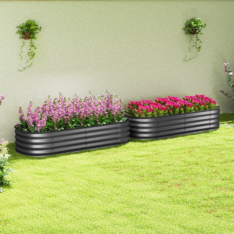 Set of 2 Dark Grey Galvanised Metal Raised Garden Beds for Flowers Herbs and Succulents