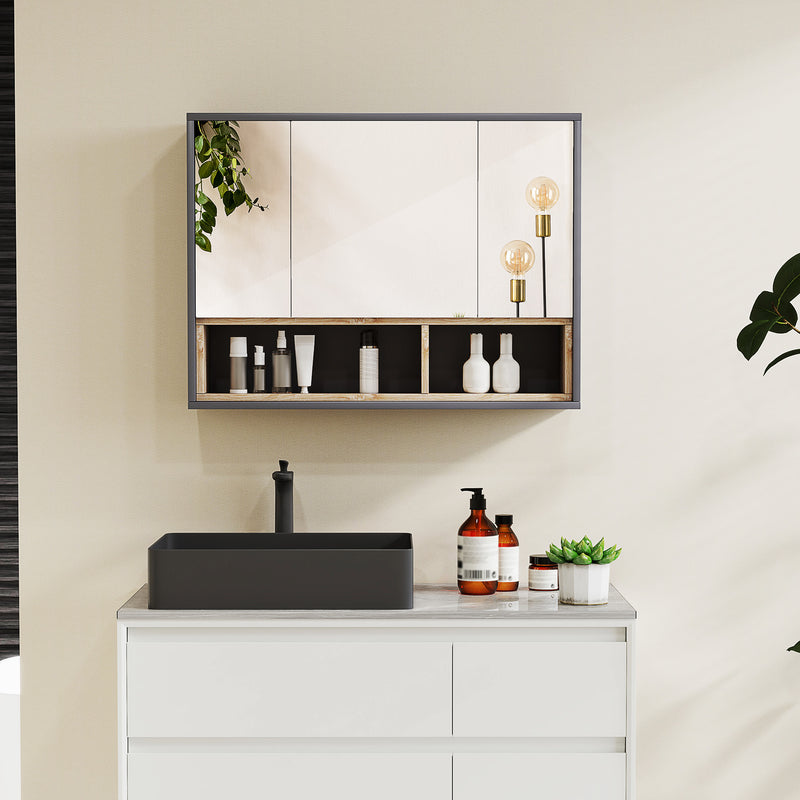 Grey Wall Mounted Bathroom Mirror Cabinet With 3 Doors and Storage by HOMCOM