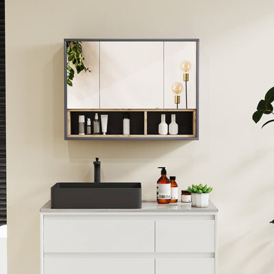 Grey Wall Mounted Bathroom Mirror Cabinet With 3 Doors and Storage by HOMCOM
