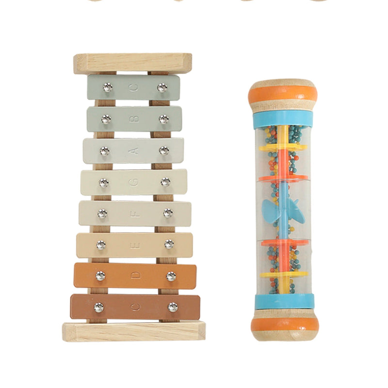 Colourful xylophone and rainmaker side by side on a white background